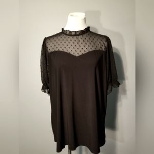 Large Black Blouse with Sheer Neck and Sheer Puffy Sleevs